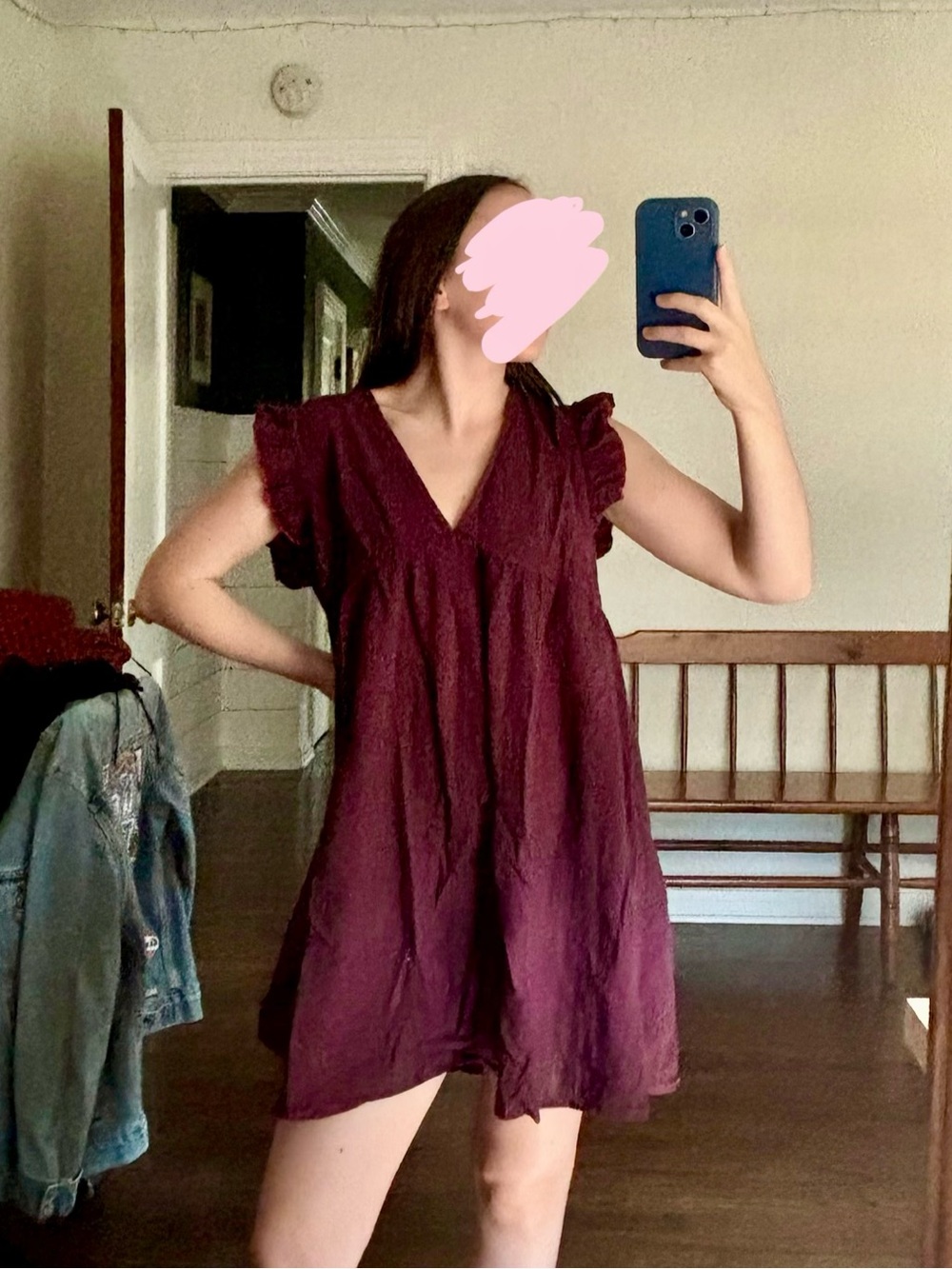 SHEIN Burgundy V-Neck Ruffle Sleeve Swing Dress